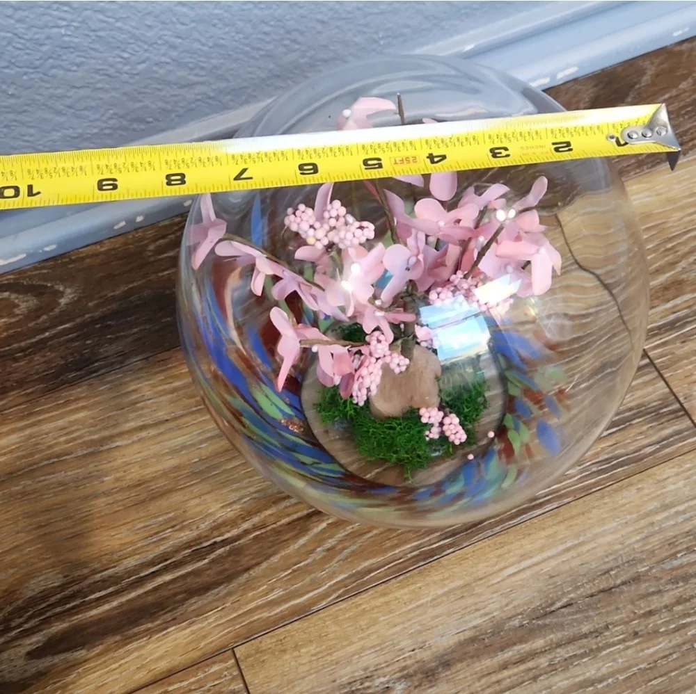 Cherry Blossom ? Pink Flowers Glass Globe Terrarium Blue Green Orange Spots